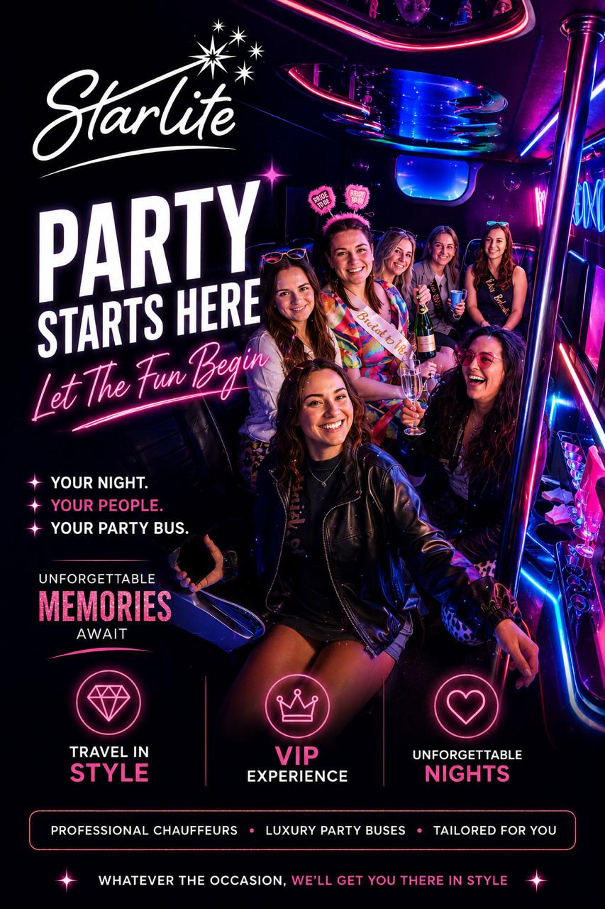 Starlite party bus night out with friends and neon interior